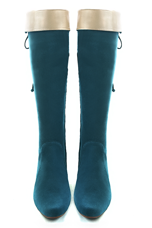 Peacock blue and gold women's knee-high boots, with laces at the back. Round toe. Low flare heels. Made to measure. Top view - Florence KOOIJMAN